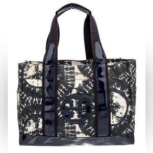 Tory Burch Ella Canvas Blue Ivory Tie Dye Print Patent Leather Trim Tote Bag OS